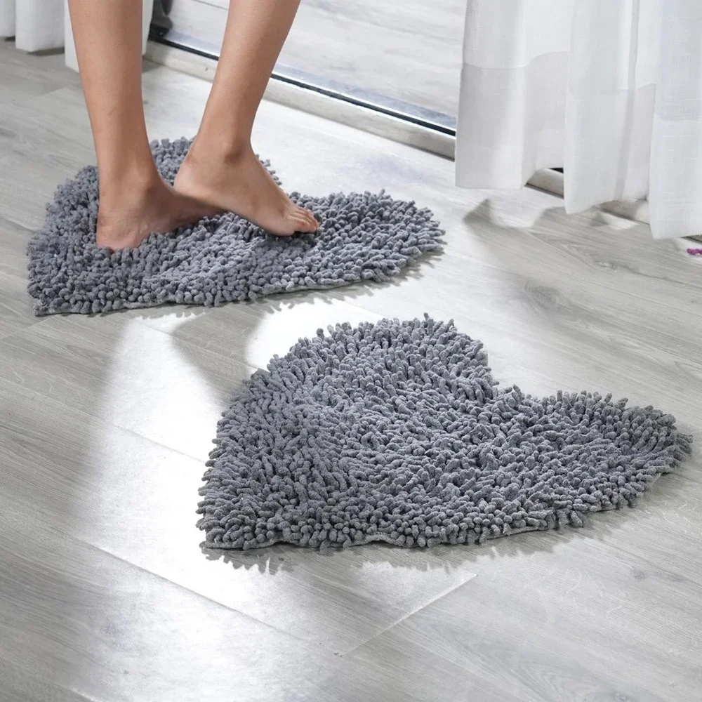 NEW Set of 2 Dark Grey Chenille Shaggy Heart Cotton Bath Mat with Anti Skid Back